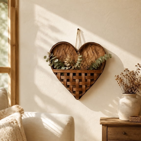 Japceit Woven Wooden Heart Wall Basket, Hanging Storage Pocket Organizer, Rustic Farmhouse Decor For Living Room Bedroom, Decorative Flower Display