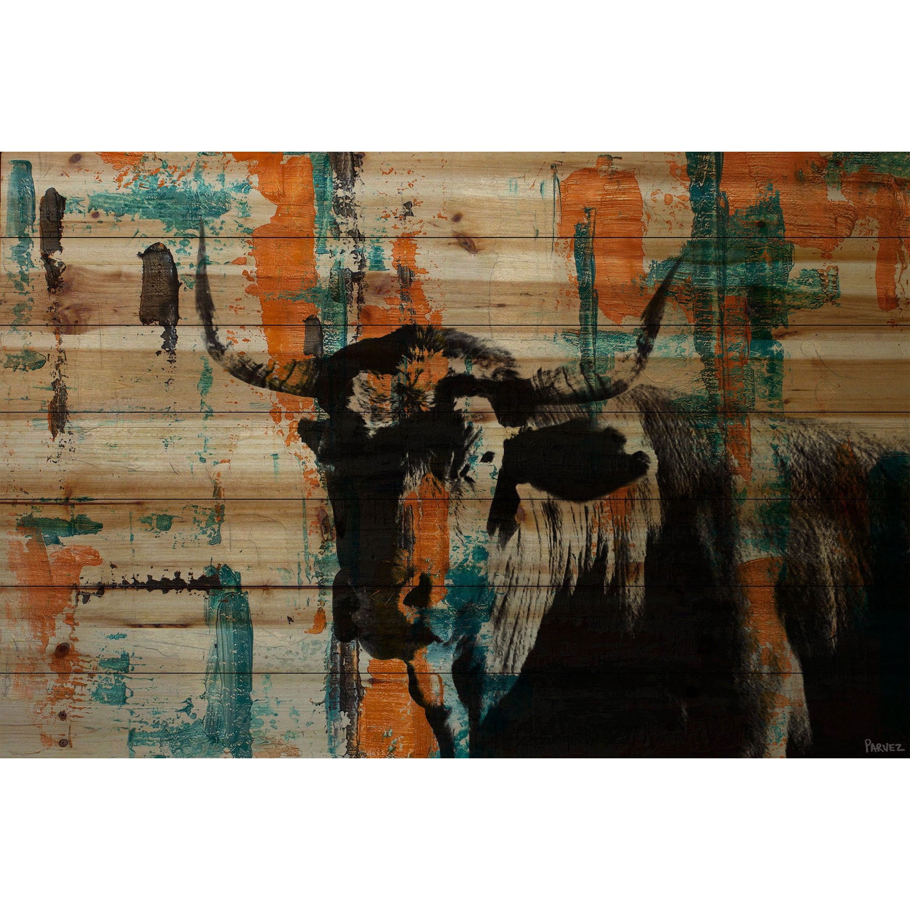 "Orange Teal Steer" Painting Print on Natural Pine Wood