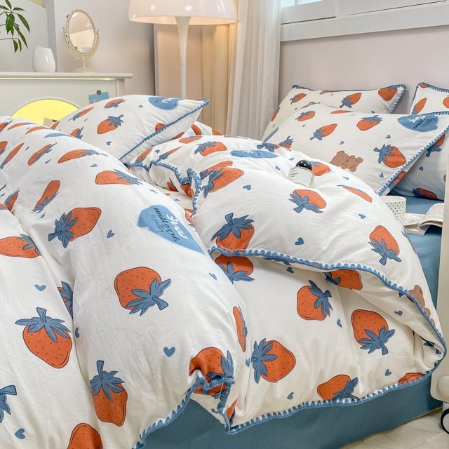INS Girls Cherry Bedding Set Soft Washed Cotton Bed Sheet Queen King Size Simple Quilt Cover Pillowcase Bed Linens
