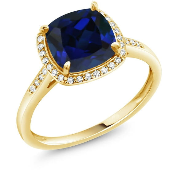Gem Stone King 10K Yellow Gold Blue Created Sapphire and Diamond Engagement Ring for Women | 2.50 Cttw | Cushion 8MM | Yellow Gold Ring | Available in Size 5, 6, 7, 8, 9