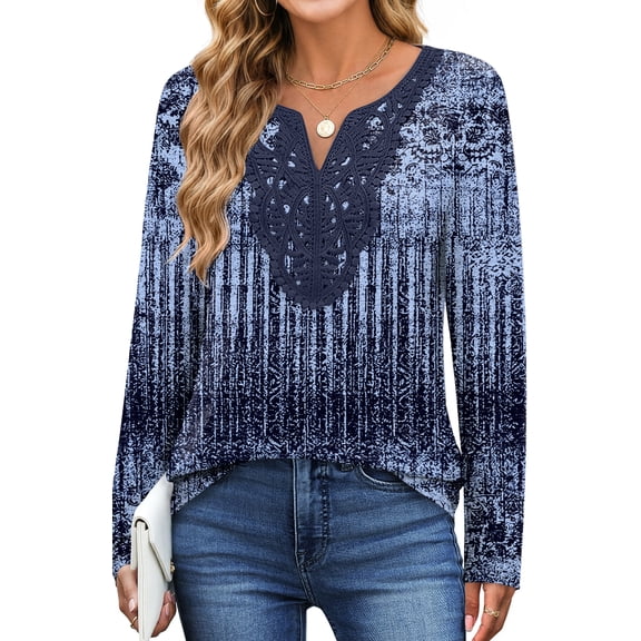 UVN Lace Blouses for Women V Neck Long Sleeve Shirts Fall Trendy Casual Tunic Tops