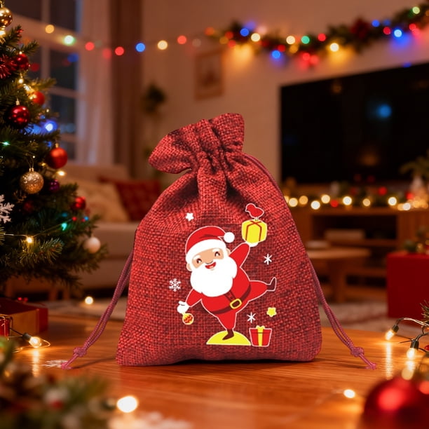 Bolsas de regalo navideñas de lino | Bolsita navideña con dibujos animados para manzanas y dulces