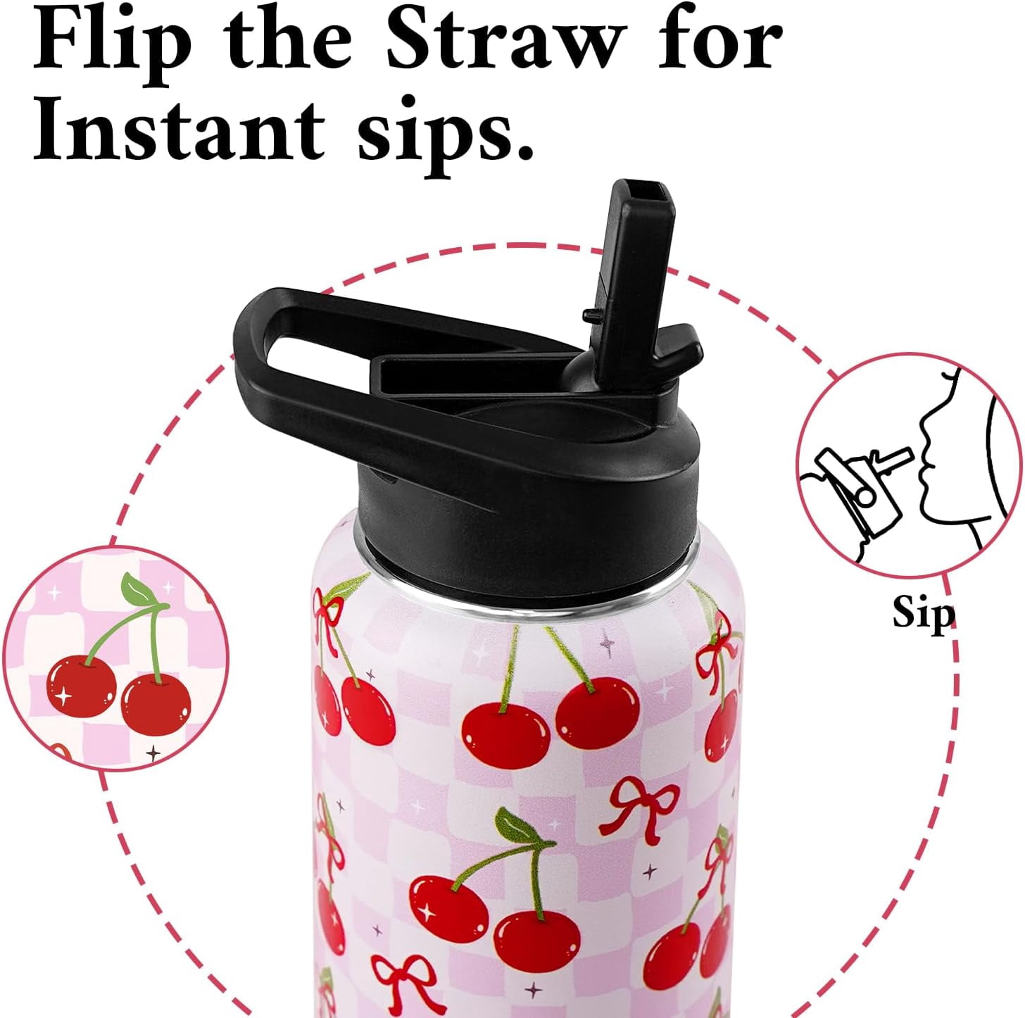 Cherry Water Bottle 32oz Insulated Stainless Steel Thermoses Sports Bottles Cup with Handle and Flip Straw Cherry Gifts Stuff for Girls Women