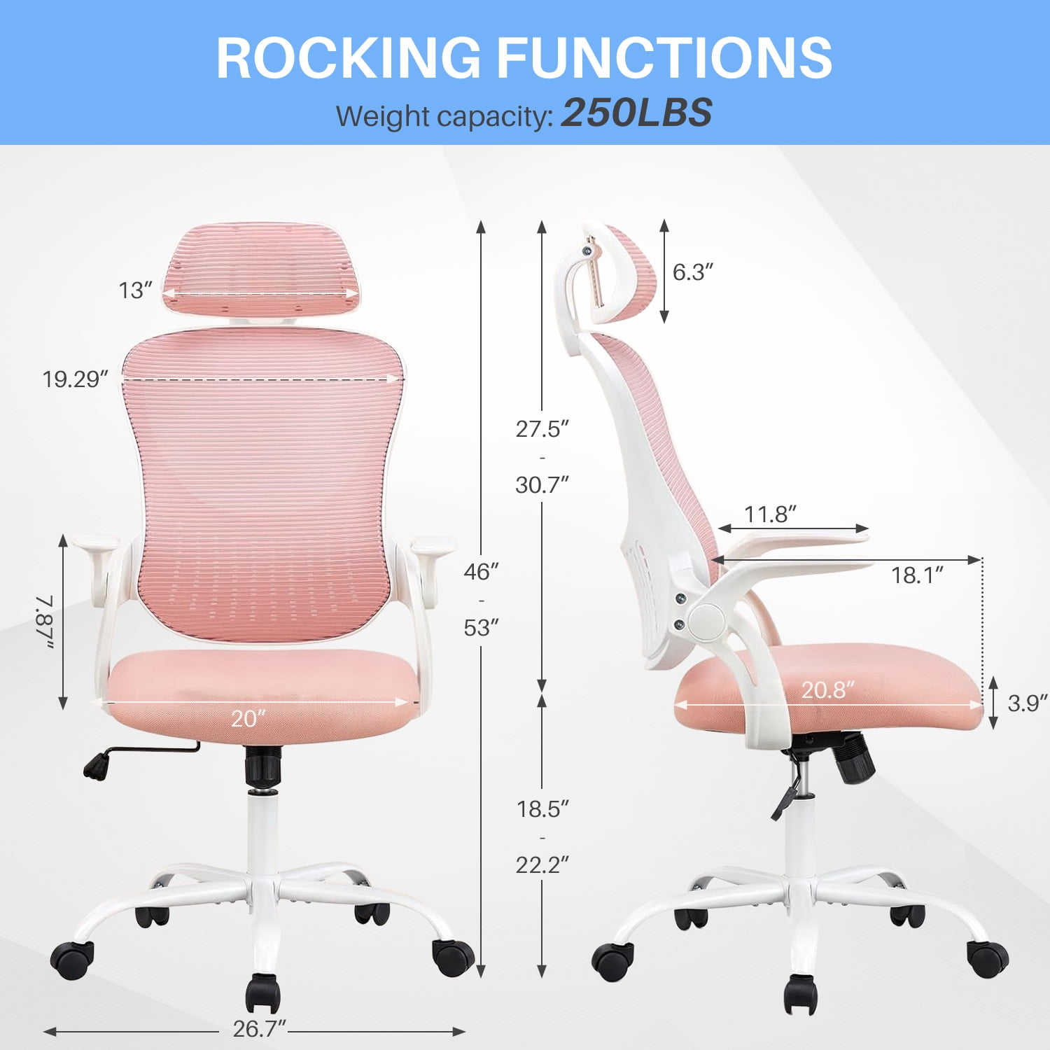 SIMENMAX Office Chair, Ergonomic Computer Chairs with Flip-up Arms,Pink
