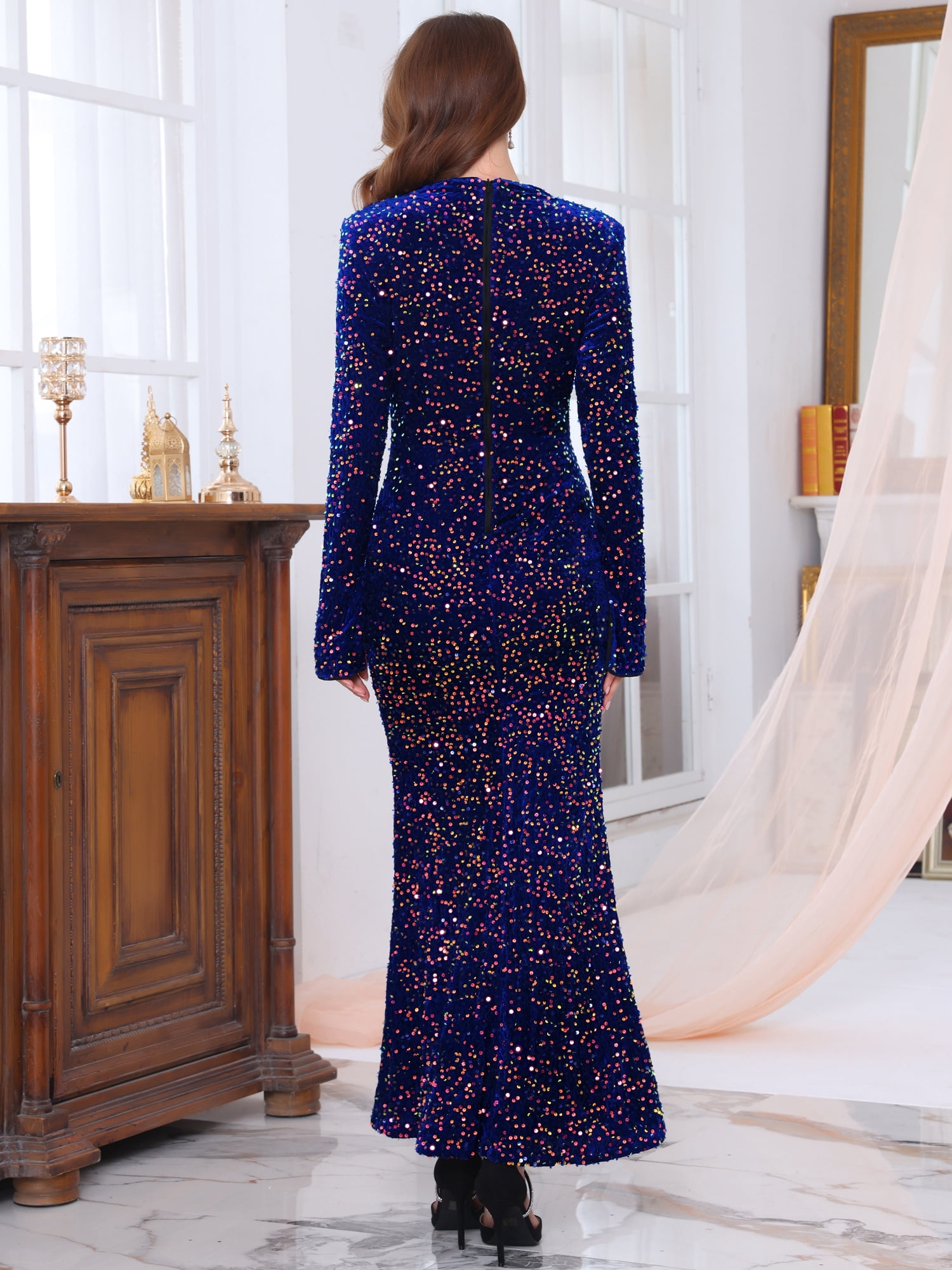 DARING DIVA Women's Sequined Velvet Crewneck Long Sleeve Bodycon Dress S Royal Blue