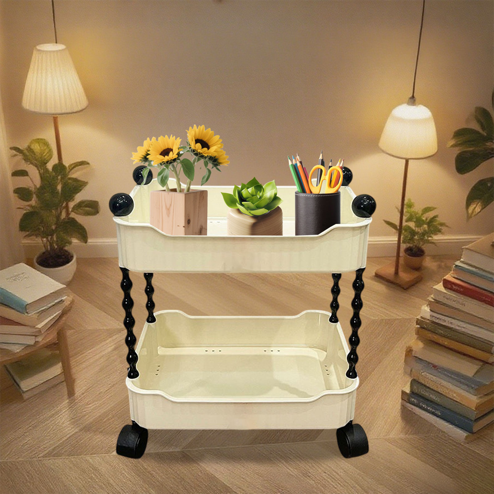 Living Room Snack And Fruit Cart Two Tier, Multifunctional Mobile Storage Rack for Kitchen Bathroom, Cube organizer for baby books, Rolling Utility Cart with Wheels