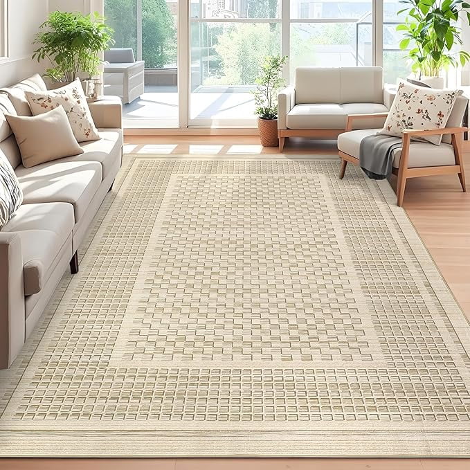 Washable Living Room Rug 5x7 Checkered Waffle Print Area Rug Non Slip Carpet Soft Non Shedding Low Pile Thin Stain Resistant Throw Rugs for Dining Room Office