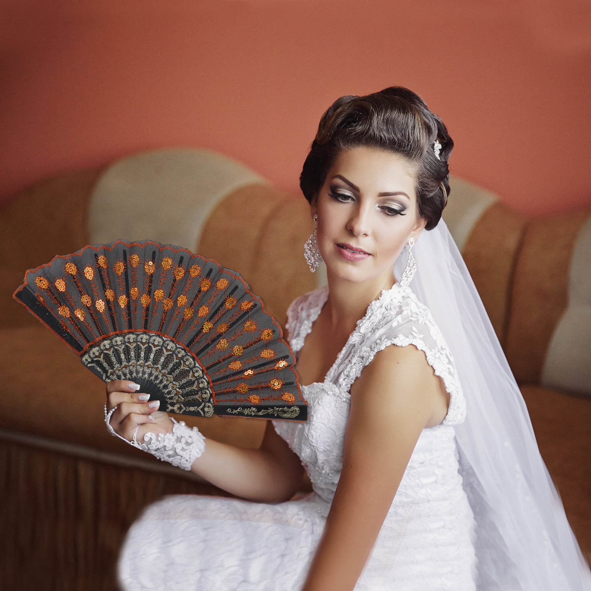 Unique Bargains Beautiful Sequins Folding Fan 1 Pc Orange