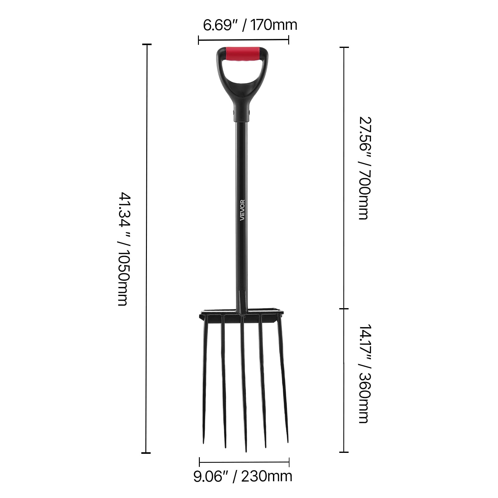 VEVOR Garden Fork, 5-Tine Gardening Pitchfork with Metal Handle, 41 in Heavy Duty Digging Fork with Y Grip, Forged Steel Spading Fork for Hay Potato Composting Transplanting Aeration