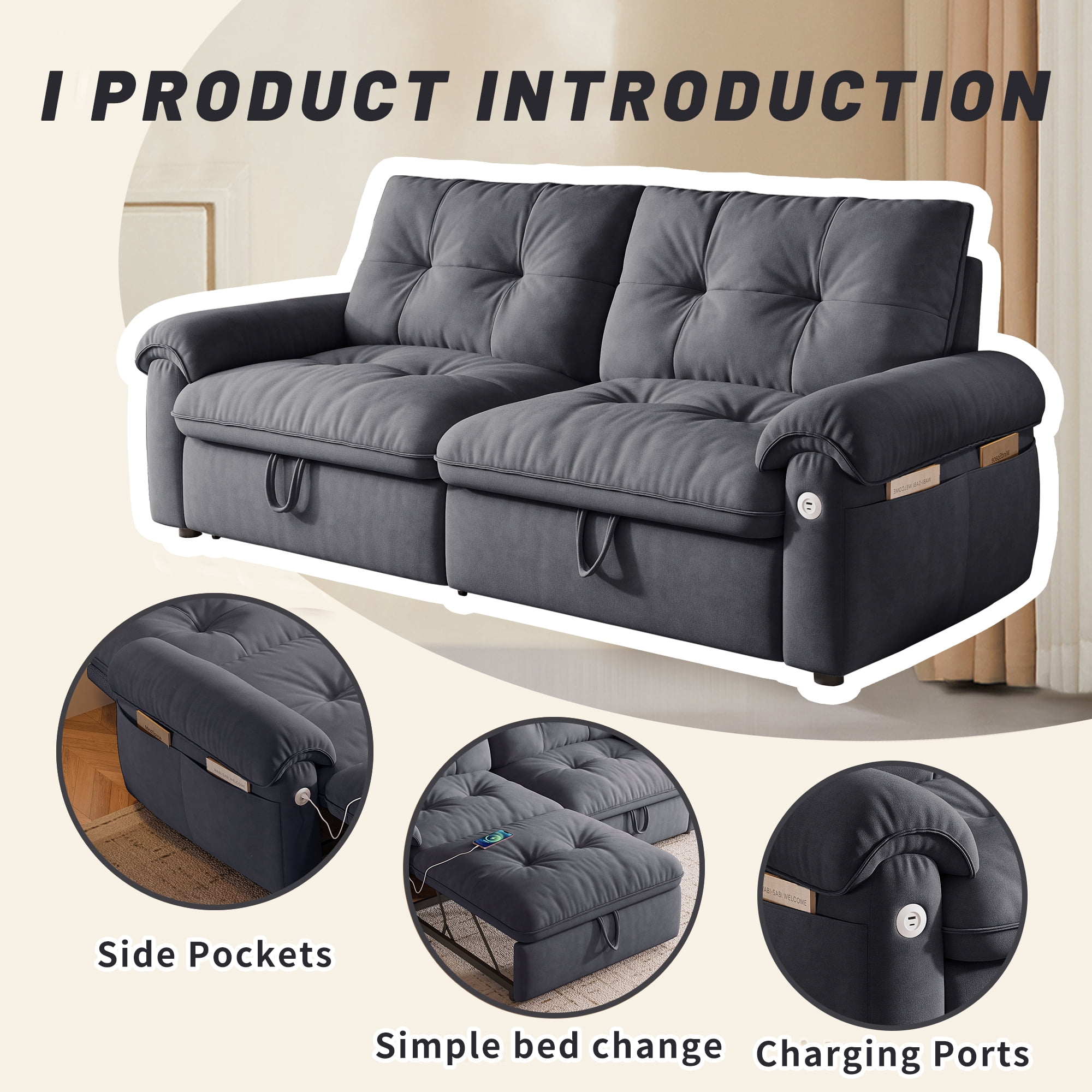Leumius 77" Convertible Sofa Bed,2-in-1 Cloud Loveseat Sleeper Sofa with Steel Frame & USB, Chenille Pull Out Bed for Living Room/Bedroom/Apartment,Grey