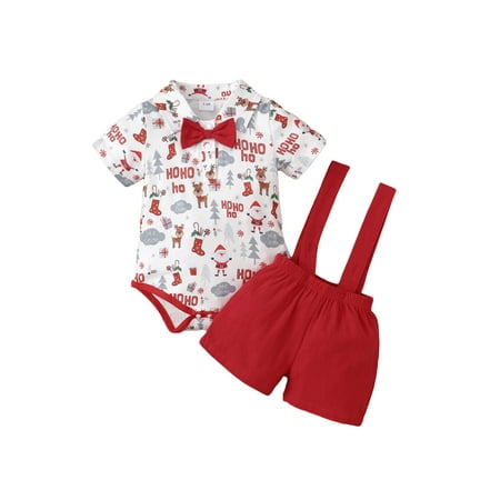 

Baby Boys Two-piece Clothes Set Christmas Printed Pattern Collared Romper and Red Suspender Shorts