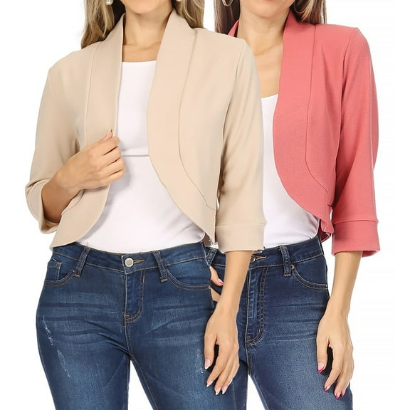 Women's 2 Pack Casual 3/4 Sleeve Bolero Open Front Cardigan Jacket Work Office Blazer