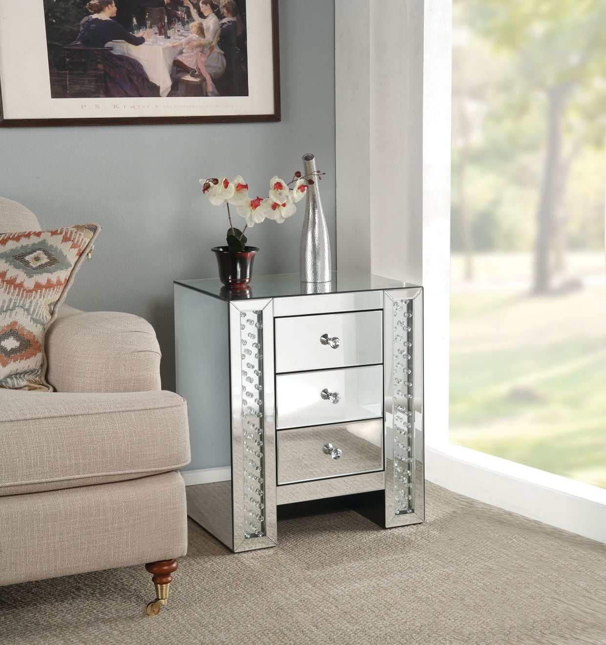 Round Mirrored Wood and Glass Accent Table with Storage