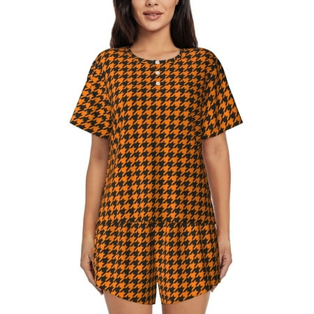 Coaee Black And Orange Houndstooth for Women s 2 Piece Pajama Sets Ladies Pjs Sets with Pockets-XX-Large