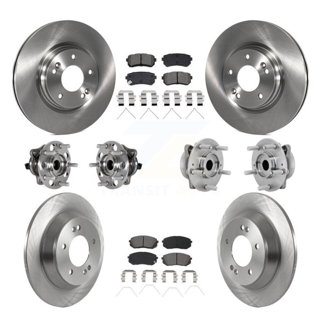 Transit Auto Front Rear Hub Bearing Assembly Disc Brake Rotor and Semi-Metallic Pads Kit (10Pc) for Car 2018-2021 Hyundai Kona Ultimate Limited with FWD - Left Right Side (Driver Passenger) KBB-132587
