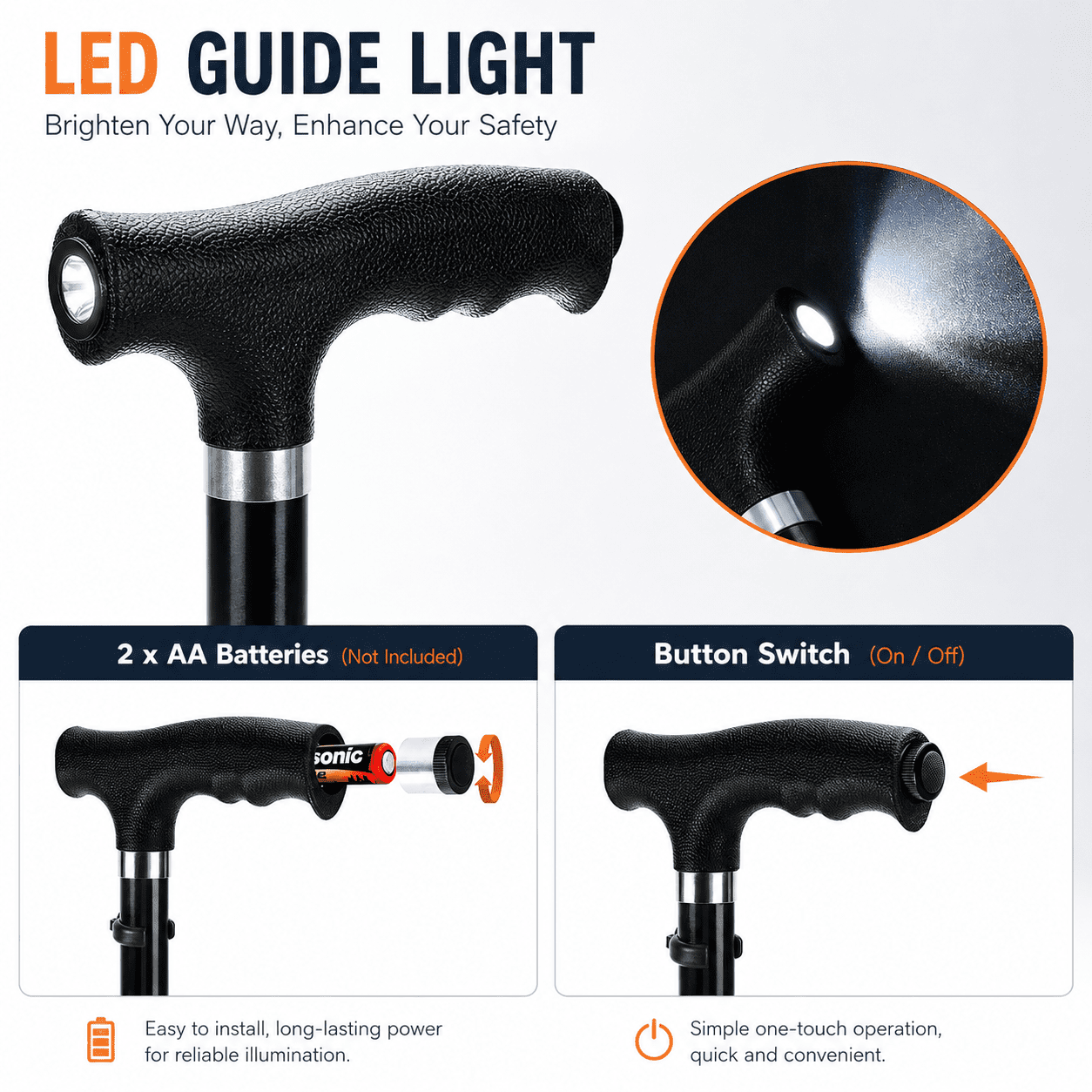 MoonSun Foldable Walking Cane for Seniors, Adjustable Aluminum Walking Cane with Quad Base, LED Light, Wrist Strap, Portable Folding Cane for Men & Women