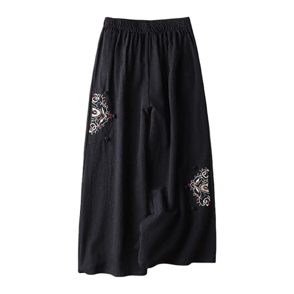 FUNUONY Lightweight Wide Leg Cropped Pants for Women High Waisted Loose Casual Lounge Travel Work Sweatpants Summer Linen Blend Wide Leg Pants Elastic Waist Trousers with Pockets Black 5Xl
