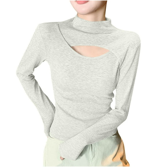 AherBiu Going out Tops for Women Long Sleeve T Shirts Cutout Turtleneck Comfy Basic Layer Tees Blouse
