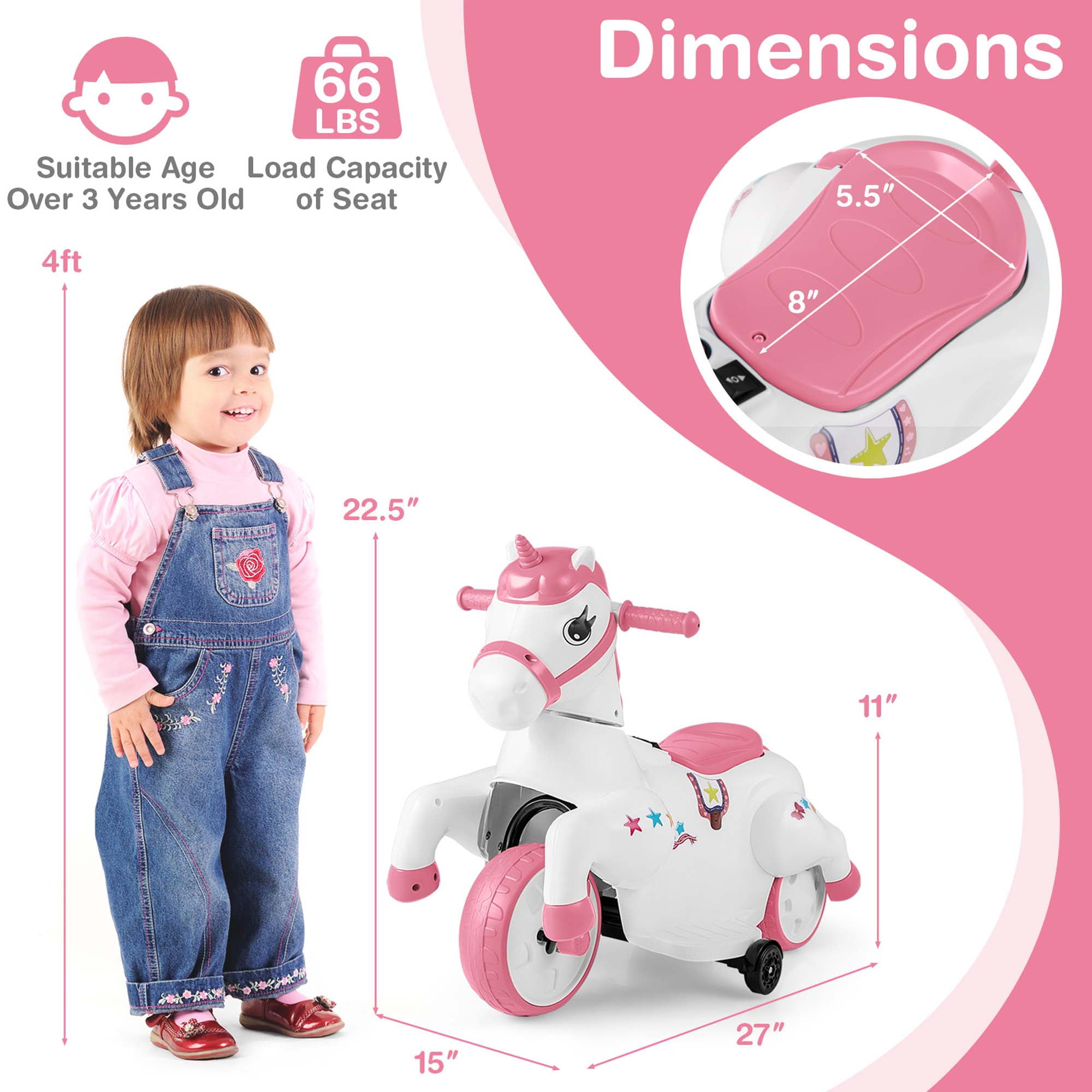 Costway 12V Kids Ride on Unicorn Toy with Training Wheels Music One-button Start Horse Toy Pink