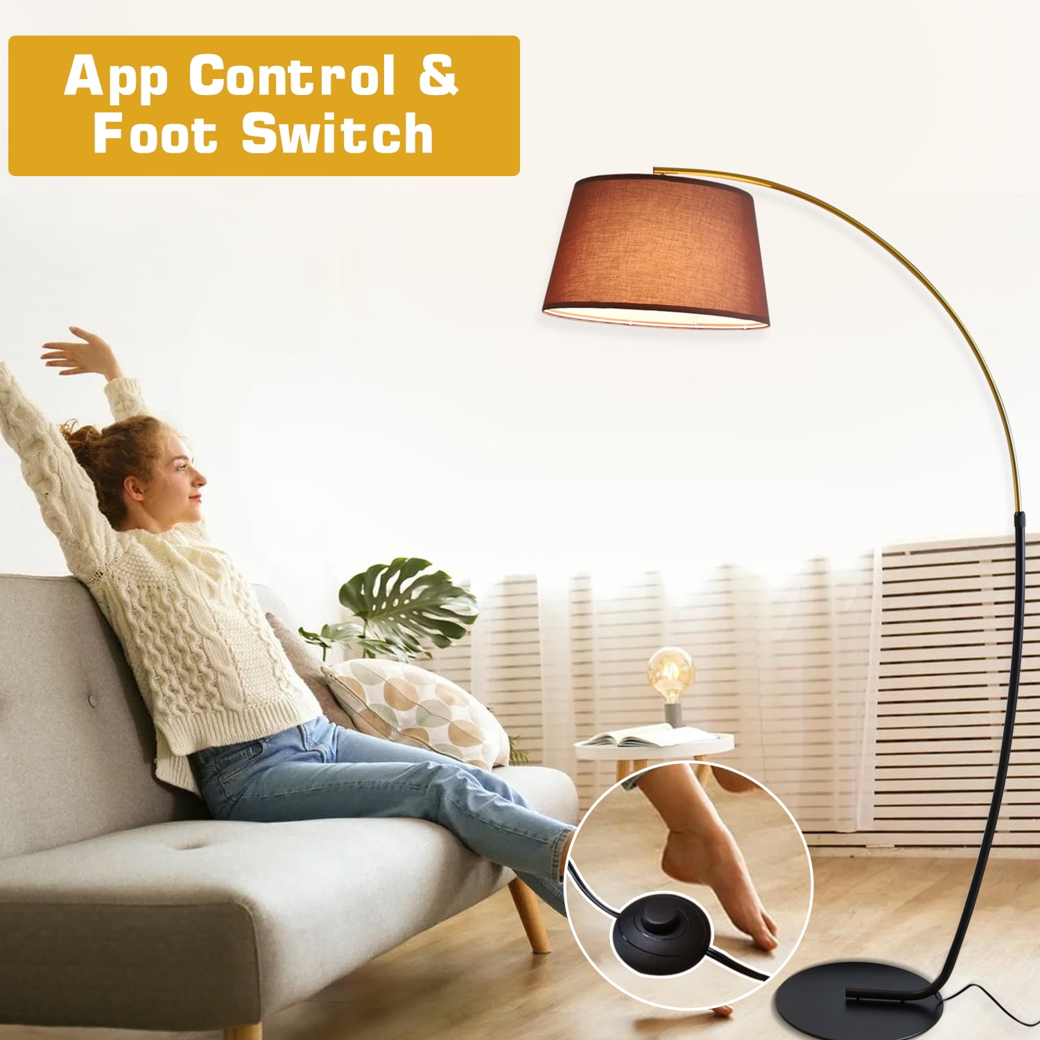 Arc Floor Lamps for Living Room 74 inch Tall Gold & Black Pole with 15W Dimmable RGB Bulb