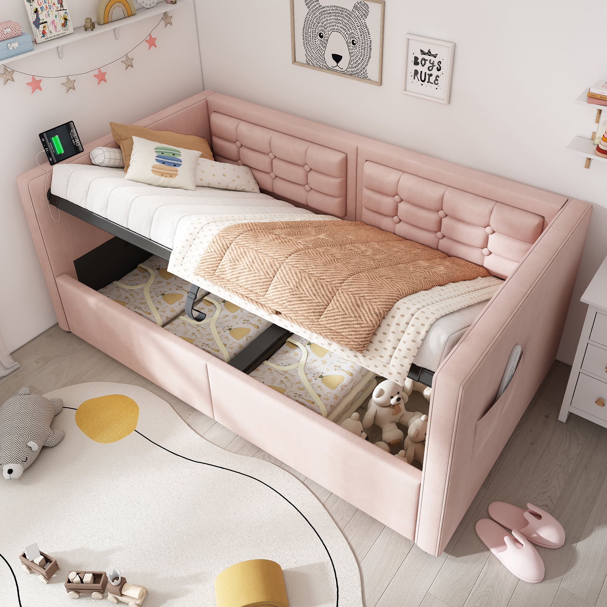 Euroco Upholstered Twin Size Daybed with Hydraulic Storage, Sofa Bed with USB Charging Station, Pink