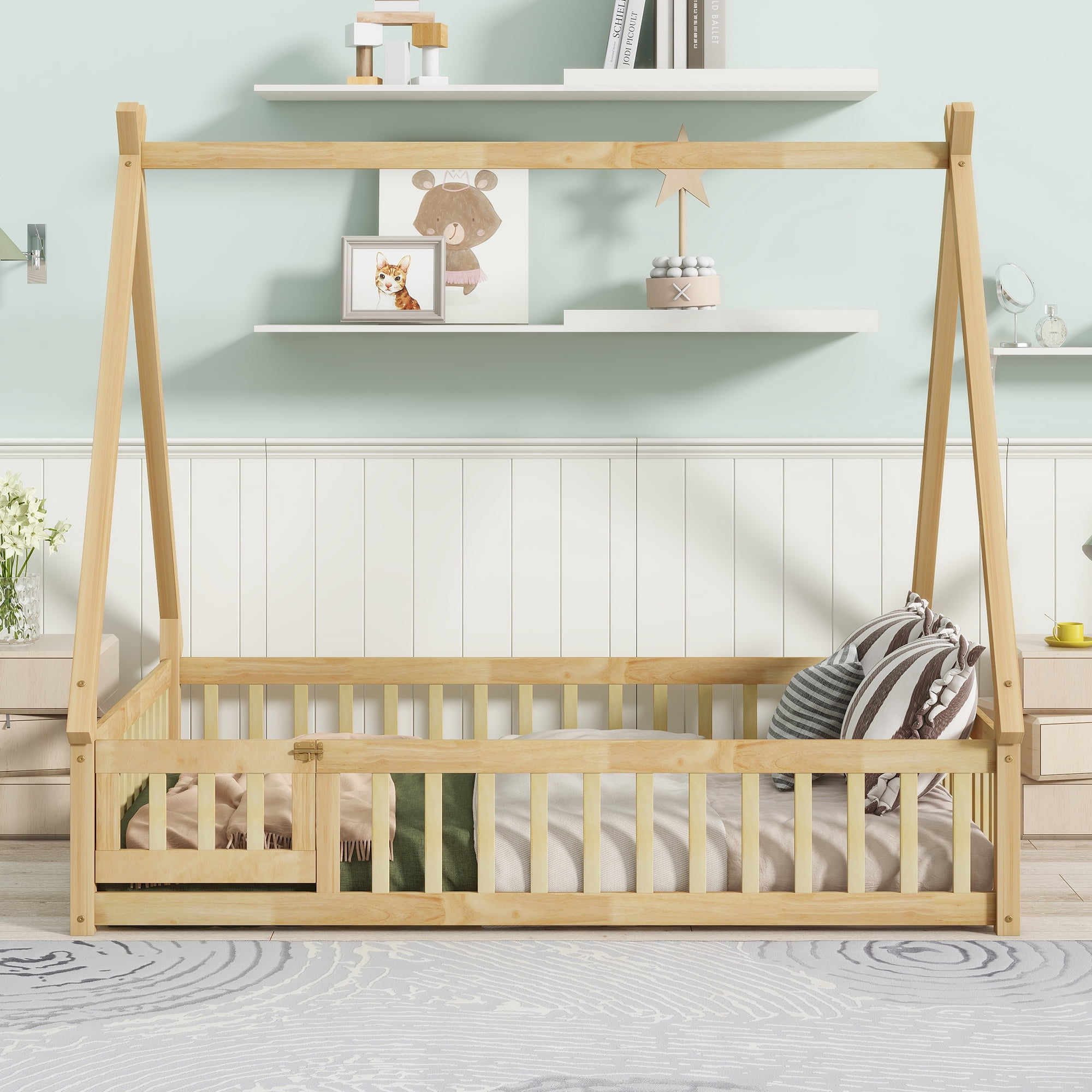 Miniyam Full Size Teepee Tent Floor Bed with Guardrails and Lockable Door, Wooden Montessori Bed with Slats for Kids Bedroom, Natural