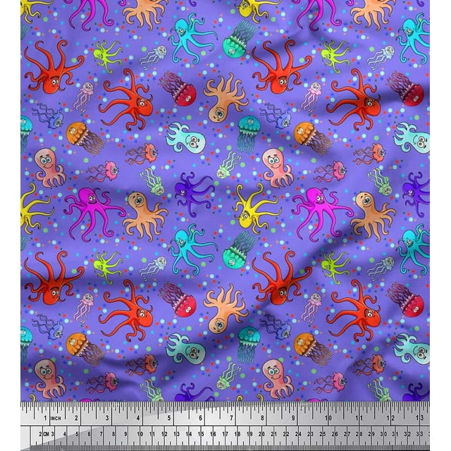 Soimoi Cotton Poplin Fabric Dot,Octopus & Jellyfish Ocean Print Sewing Fabric Yard 42 Inch Wide