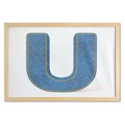 Letter U Wall Art with Frame, Denim Letter Alphabet Design with Realistic Looking Texture Stitches Image, Printed Fabric Poster for Bathroom Living Room Dorms, 35" x 23", Blue Yellow, by Ambesonne