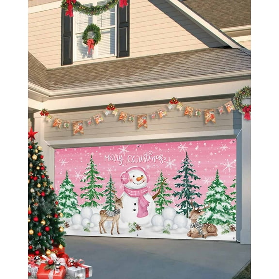 Garage Door Banner Cover 7 x 16 ft, Christmas Xmas Trees Snowman Snowflake Cute Deers Pink Christmas Garage Door Decorations Holiday Christmas Backdrop Decor for Winter New Year Xmas Party