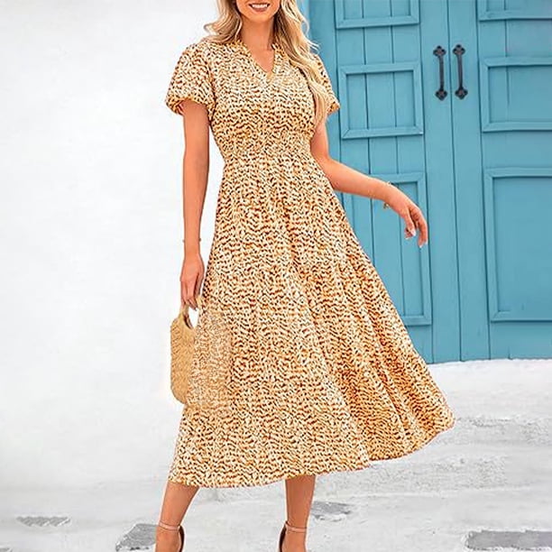 Puntoco Vestido De Manga Corta Con Cuello En V, Cintura Con Bolsillo Y Estampado Plisado De Verano Para Mujer, Color Naranja Xl