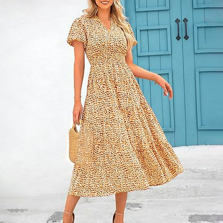 Women's 2024 Summer Casual Flutter Puff Sleeve Boho Floral Maxi Dress V  Neck Smocked Tiered Long Dresses - Walmart.com