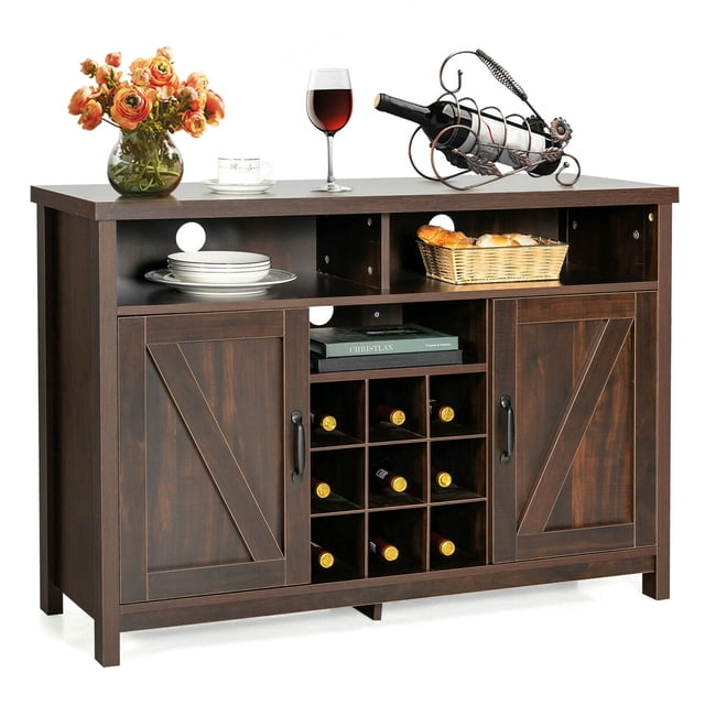 Gymax Buffet Storage Cabinet Farmhouse Sideboard w/9-Bottle Wine Rack & 2 Doors Brown
