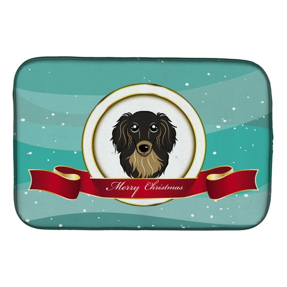 Caroline's Treasures Longhair Black and Tan Dachshund Merry Christmas Dish Drying Mat
