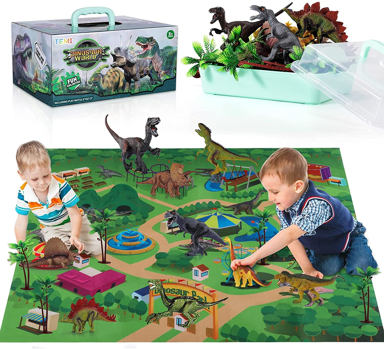 Kids Dinosaur Toy Figure w/ Activity Play Mat & Trees Realistic Dinosaur Playset 