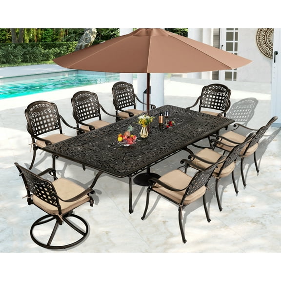 Magic Union 9 Piece Cast Aluminum Patio Furniture Set Outdoor Dining Set Bistro Furniture Set with 8 Armchairs and Dining Table, 8 Cushions(6 Chairs and 2 Swivel Chairs)