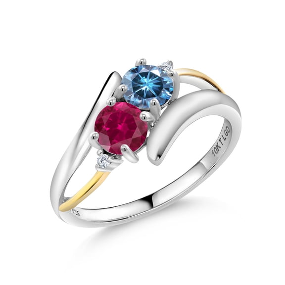 Gem Stone King 925 Silver and 10K Yellow Gold Persian Blue Moissanite and Red Created Ruby and White Moissanite 2-Stone Crossover Ring for Women (1.12 Cttw, Size 5)