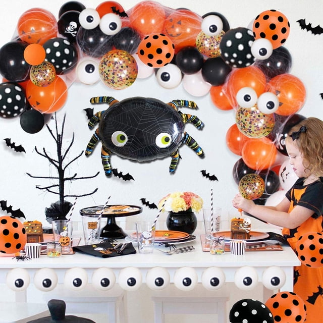 Paquete de 119 globos de Halloween, juego de corona de arco, globos de confeti naranja negro con globos de araña Mylar para niños, fondo de fiesta temática de Halloween, decoración del aula ER