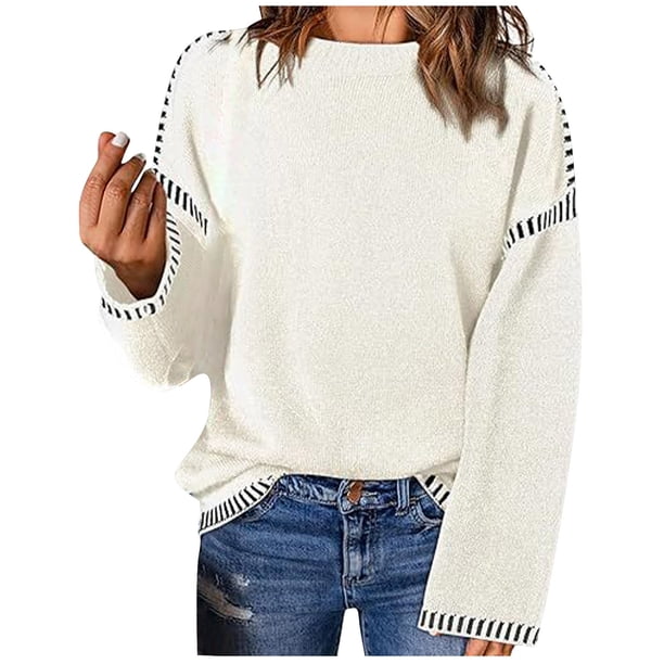 Suéter de cuello redondo para mujer, informal, liso, tejido, holgado, de manga larga, con cuello redondo, blusa