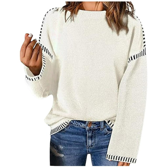 Timegard Chandails pour Femmes Épaules Tombantes Ample Col Rond Chandail Automne Habillé Décontracté Confortable Hauts en Tricot