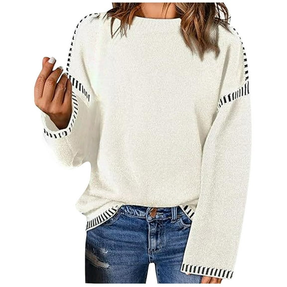UAMVSH Women's Casual Knitted Fall Sweaters Soft Long Sleeve Crew Neck Knitwear Loose Fit Lightweight Pullover Sweater Tops(X-Large,White)