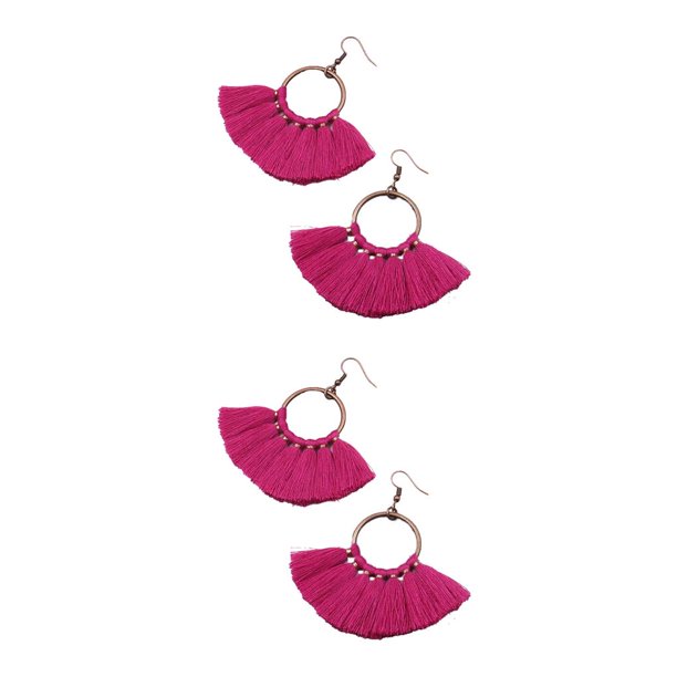 Minnieouse 1 par de pendientes de borla bohemios llamativos, joyería exagerada con estilo, pendiente con flecos para el Día de San Valentín, Fucsia 2Conjunto