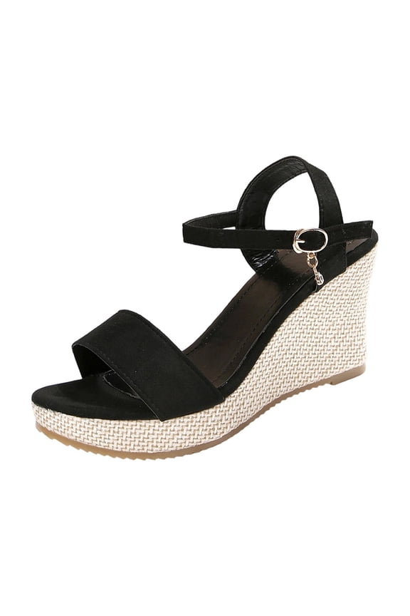 Black Womens Comfortable Flock Wedge Sandals Featuring A Single Strap Closure And Open Toe For Versatile Spring And Summer Casual Outfits