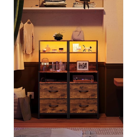 Nightstand Set of 2 with Charging Station, LED Lights and Storage Shelves for Bedroom