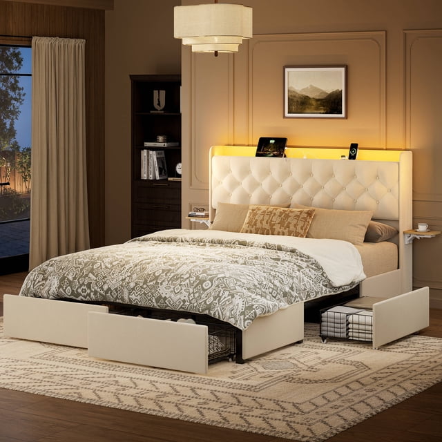 GUNAITO Full Size Bed Frame with 4 Storage Drawers, Velvet Upholstered LED Bed with LED and USB Ports, Modern Wingback Headboard Bed with Bedside Storage Board, Beige