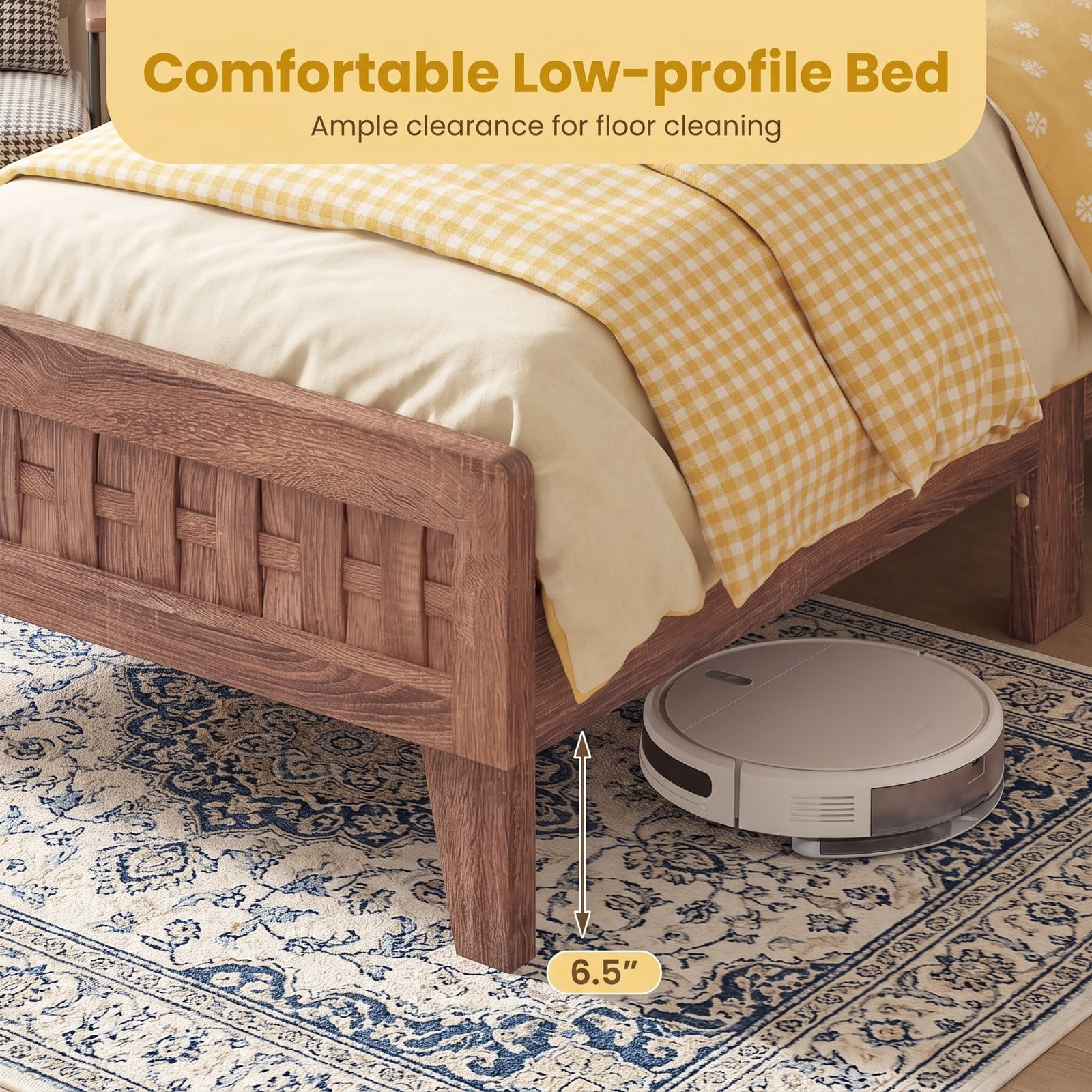 Furnibear Twin Bed Frame Wood Platform Bed with Woven Accent Headboard and 12 Plywood Slats for Kids Room, Walnut