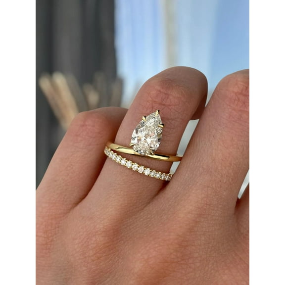 Pear Cut Double Band White Moissanite IGI Lab-Grown Diamond Engagement Ring, 14K Gold Plated Size- (5 - 13) Available