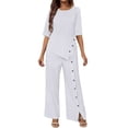 thumbnail image 3 of Women's 2 Piece Outfit, Asymmetric Hem Short Sleeve Top and High Waist Wide Leg Pants Set, Casual Matching Sets, Summer Outfits for Women, Vacation and Travel Outfit​-White, 3 of 10