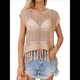 thumbnail image 3 of Top Corto de de Ganchillo con Borlas para Mujer, Sexy, de Corta, de Rejilla Transparente. Caqui M, 3 of 8