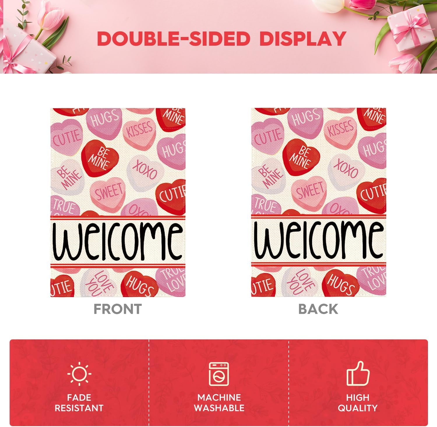 Lanola Valentines Day House Flag 28x40 Inch Double Sided Outside, Welcome Candy Love Hearts Anniversary Yard Outdoor Flag