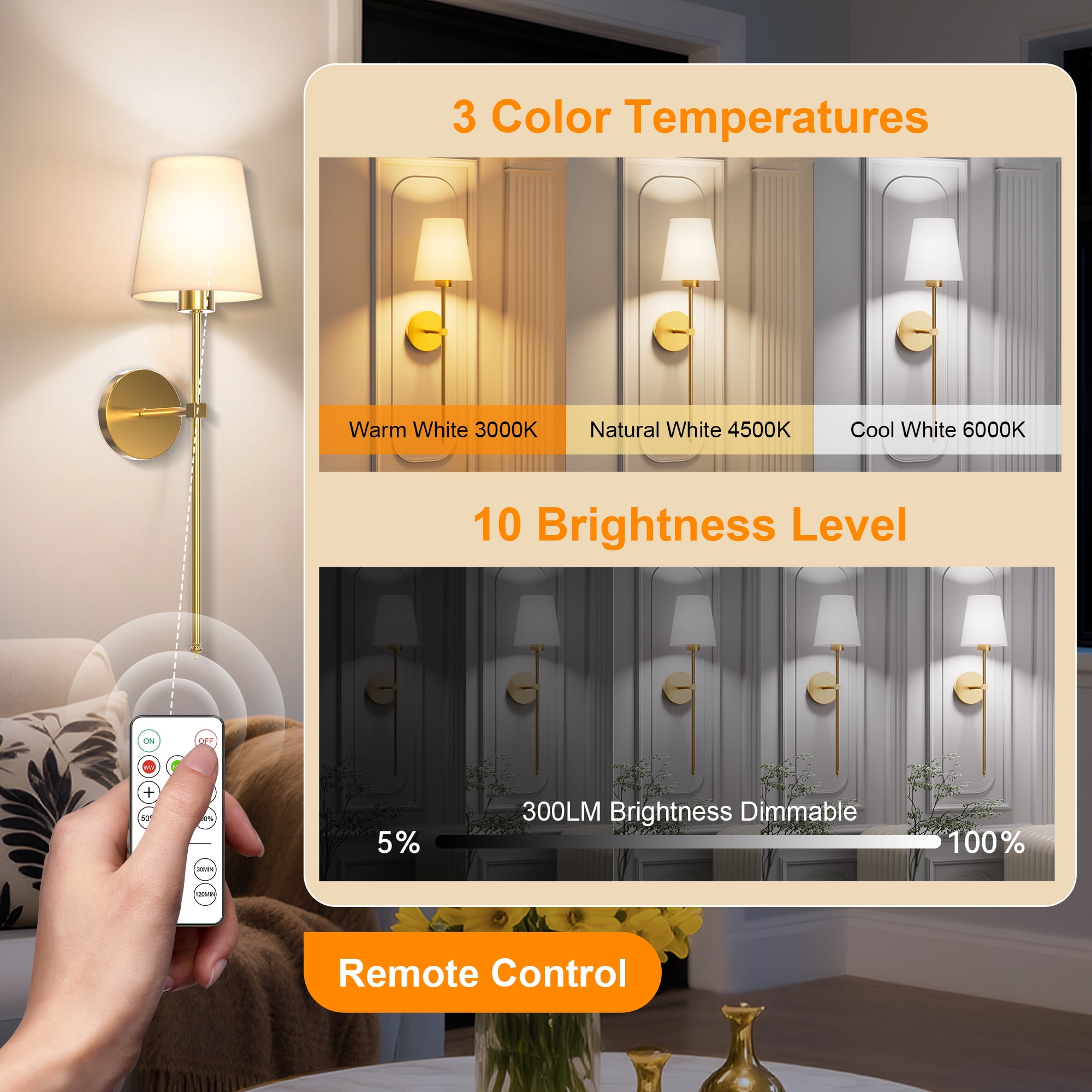 DAYBETTER Battery Operated Wall Sconces Set of 2, Wireless Rechargeable Hallway Light with Remote, 3 Color Temps Dimmable Lamp for Living Room